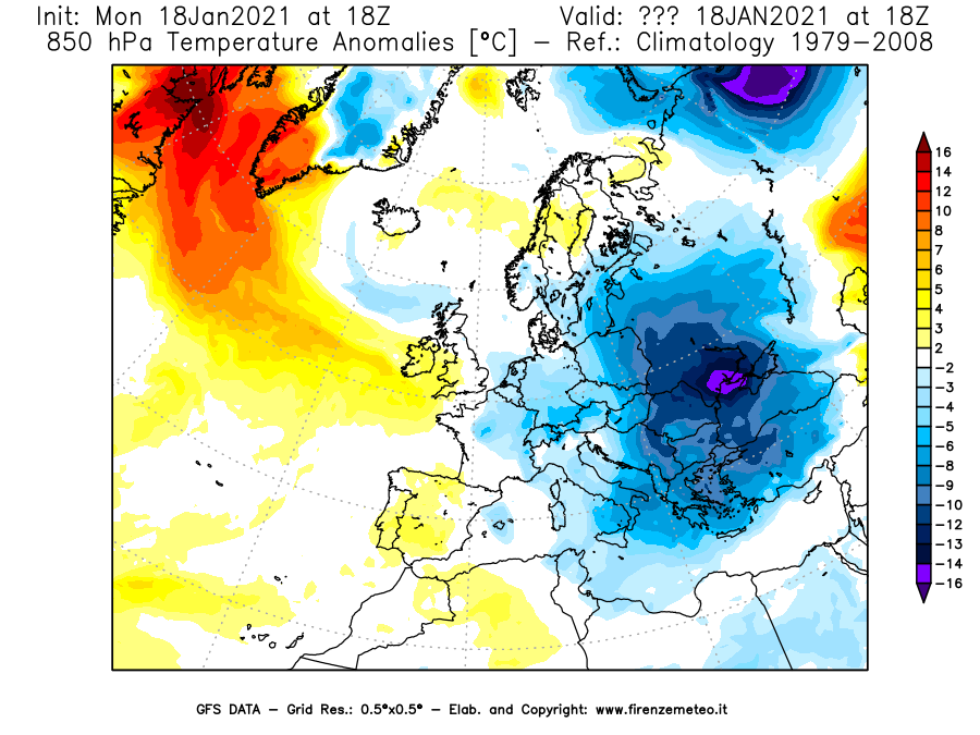 Mappa di analisi GFS - Anomalia Temperatura [°C] a 850 hPa in Europa
									del 18/01/2021 18 <!--googleoff: index-->UTC<!--googleon: index-->