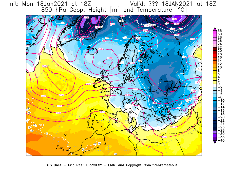 Mappa di analisi GFS - Geopotenziale [m] e Temperatura [°C] a 850 hPa in Europa
									del 18/01/2021 18 <!--googleoff: index-->UTC<!--googleon: index-->