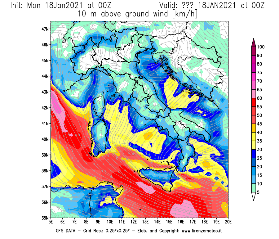 Mappa di analisi GFS - Velocità del vento a 10 metri dal suolo [km/h] in Italia
									del 18/01/2021 00 <!--googleoff: index-->UTC<!--googleon: index-->