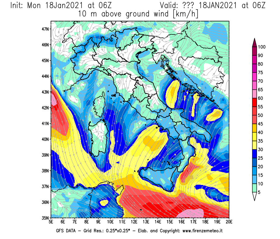 Mappa di analisi GFS - Velocità del vento a 10 metri dal suolo [km/h] in Italia
									del 18/01/2021 06 <!--googleoff: index-->UTC<!--googleon: index-->