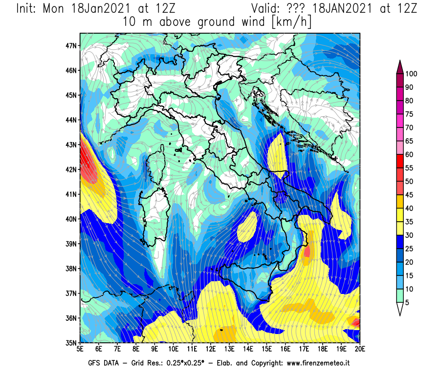 Mappa di analisi GFS - Velocità del vento a 10 metri dal suolo [km/h] in Italia
									del 18/01/2021 12 <!--googleoff: index-->UTC<!--googleon: index-->