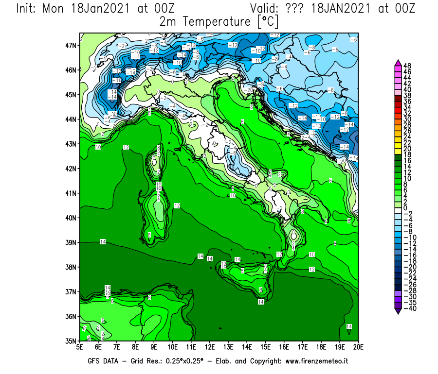 Mappa di analisi GFS - Temperatura a 2 metri dal suolo [°C] in Italia
									del 18/01/2021 00 <!--googleoff: index-->UTC<!--googleon: index-->