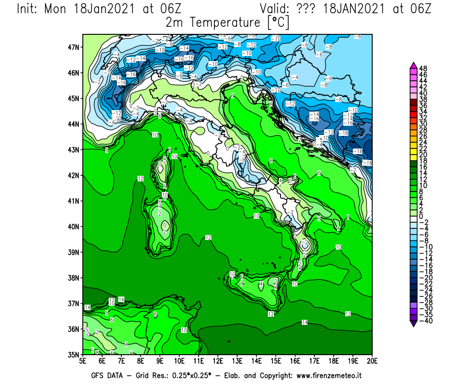 Mappa di analisi GFS - Temperatura a 2 metri dal suolo [°C] in Italia
									del 18/01/2021 06 <!--googleoff: index-->UTC<!--googleon: index-->