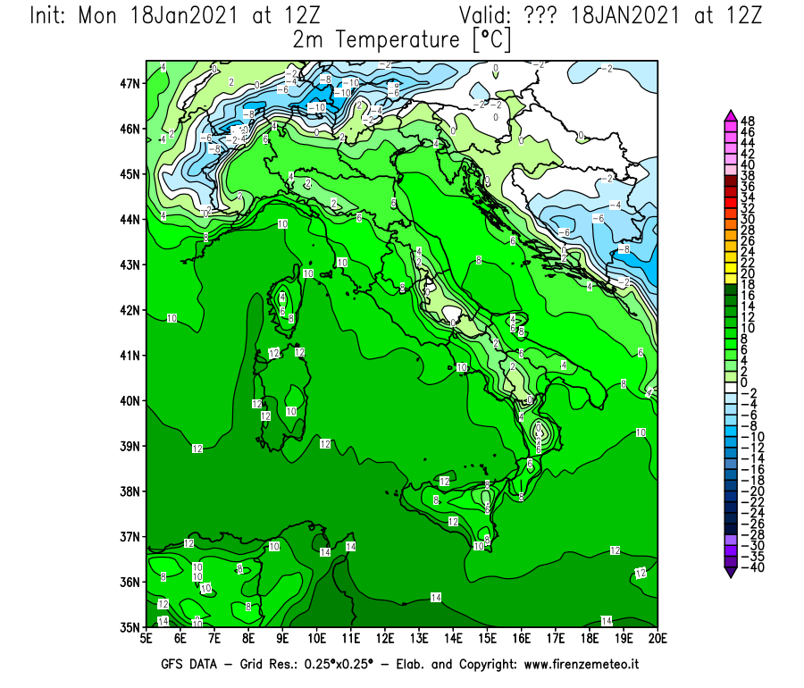 Mappa di analisi GFS - Temperatura a 2 metri dal suolo [°C] in Italia
									del 18/01/2021 12 <!--googleoff: index-->UTC<!--googleon: index-->