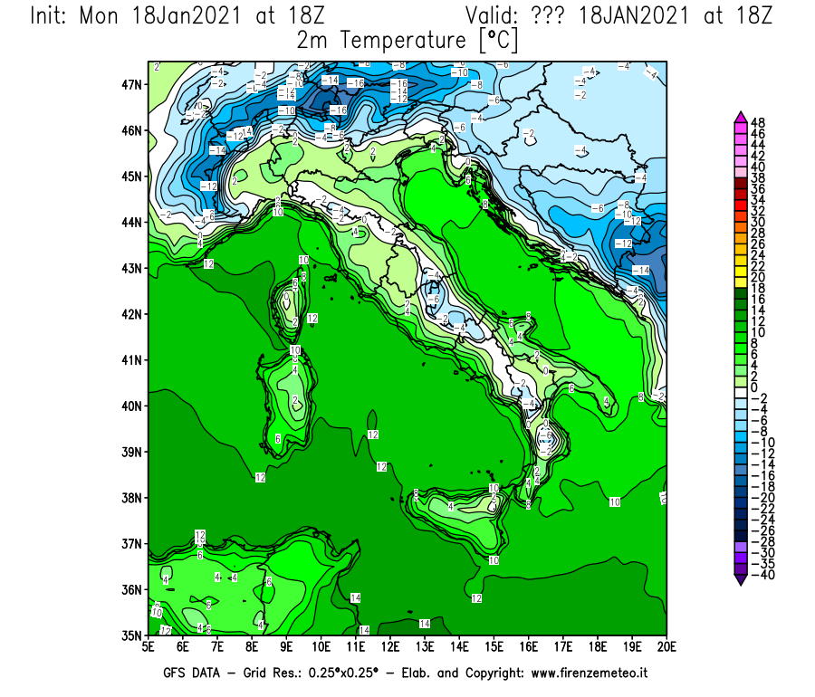 Mappa di analisi GFS - Temperatura a 2 metri dal suolo [°C] in Italia
									del 18/01/2021 18 <!--googleoff: index-->UTC<!--googleon: index-->