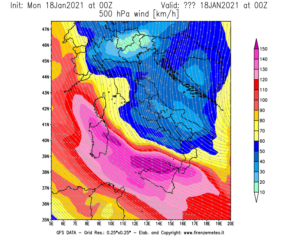 Mappa di analisi GFS - Velocità del vento a 500 hPa [km/h] in Italia
									del 18/01/2021 00 <!--googleoff: index-->UTC<!--googleon: index-->