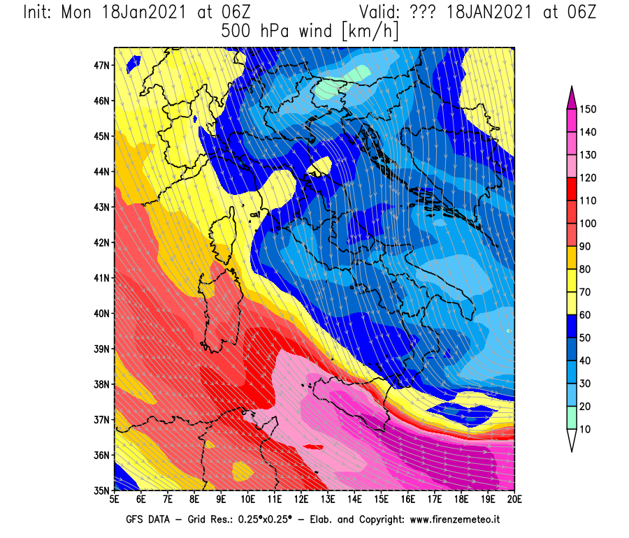 Mappa di analisi GFS - Velocità del vento a 500 hPa [km/h] in Italia
									del 18/01/2021 06 <!--googleoff: index-->UTC<!--googleon: index-->