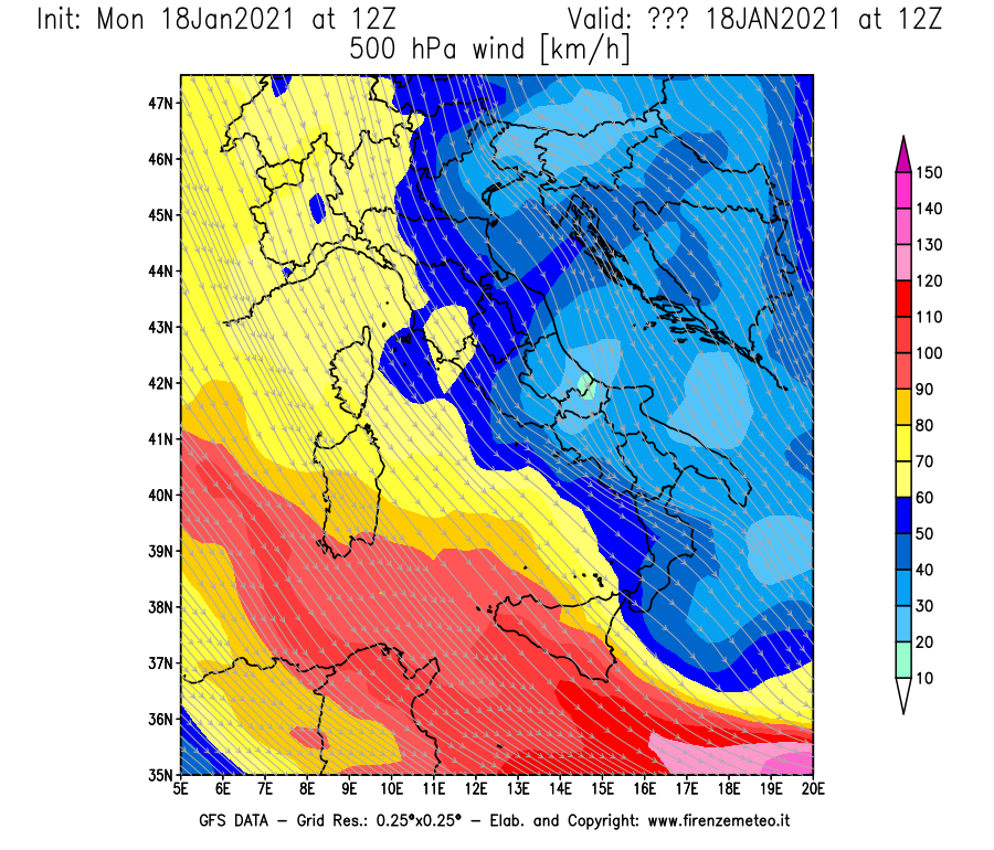 Mappa di analisi GFS - Velocità del vento a 500 hPa [km/h] in Italia
									del 18/01/2021 12 <!--googleoff: index-->UTC<!--googleon: index-->