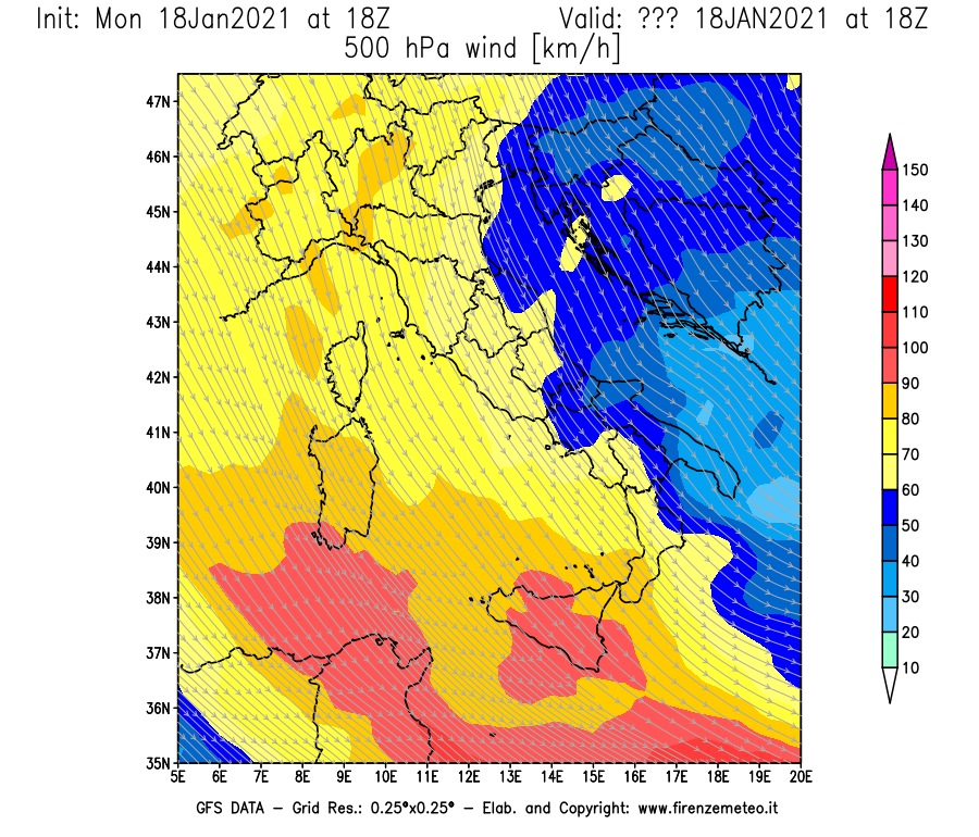 Mappa di analisi GFS - Velocità del vento a 500 hPa [km/h] in Italia
									del 18/01/2021 18 <!--googleoff: index-->UTC<!--googleon: index-->