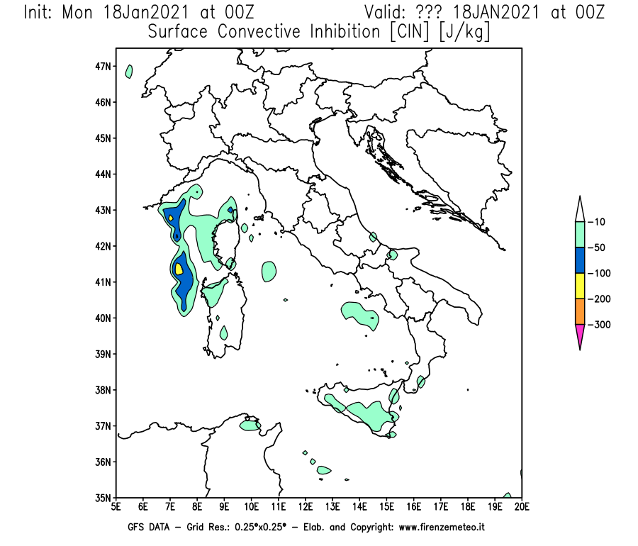Mappa di analisi GFS - CIN [J/kg] in Italia
									del 18/01/2021 00 <!--googleoff: index-->UTC<!--googleon: index-->