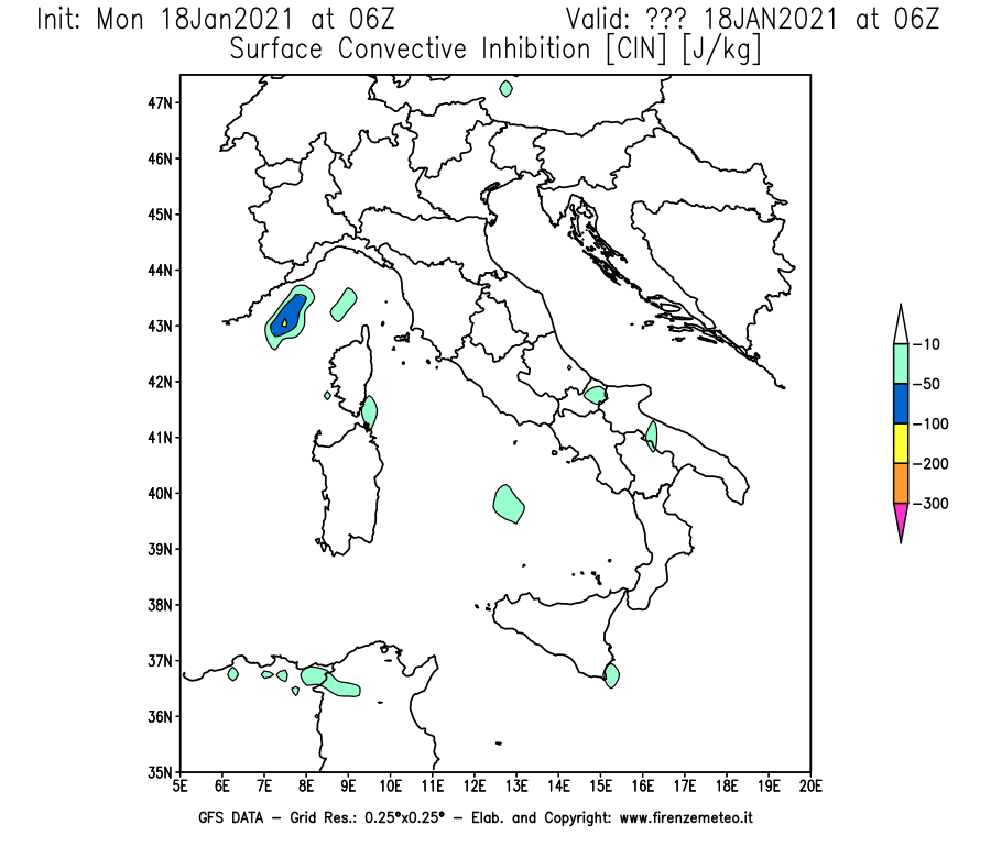 Mappa di analisi GFS - CIN [J/kg] in Italia
									del 18/01/2021 06 <!--googleoff: index-->UTC<!--googleon: index-->