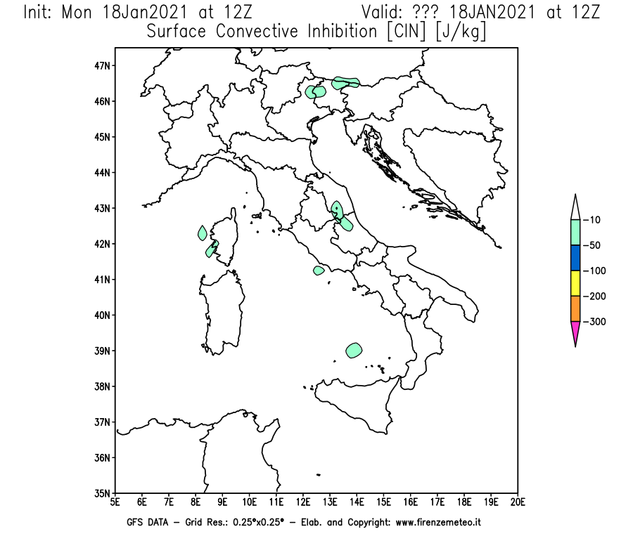Mappa di analisi GFS - CIN [J/kg] in Italia
									del 18/01/2021 12 <!--googleoff: index-->UTC<!--googleon: index-->