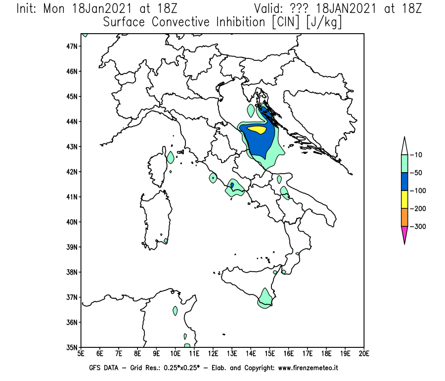 Mappa di analisi GFS - CIN [J/kg] in Italia
									del 18/01/2021 18 <!--googleoff: index-->UTC<!--googleon: index-->