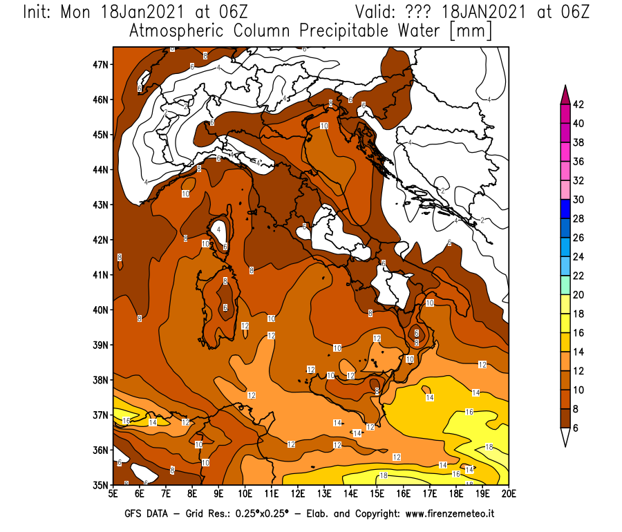 Mappa di analisi GFS - Precipitable Water [mm] in Italia
									del 18/01/2021 06 <!--googleoff: index-->UTC<!--googleon: index-->