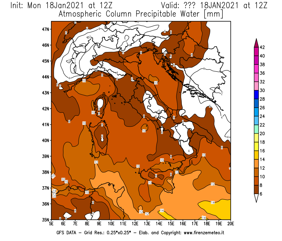 Mappa di analisi GFS - Precipitable Water [mm] in Italia
									del 18/01/2021 12 <!--googleoff: index-->UTC<!--googleon: index-->