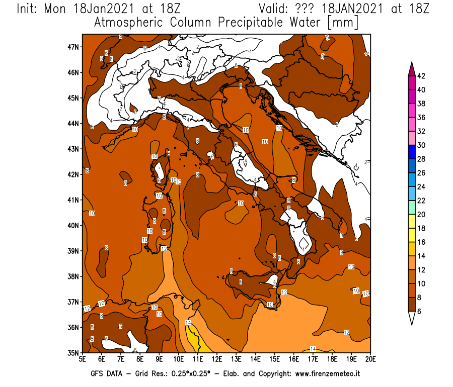 Mappa di analisi GFS - Precipitable Water [mm] in Italia
									del 18/01/2021 18 <!--googleoff: index-->UTC<!--googleon: index-->