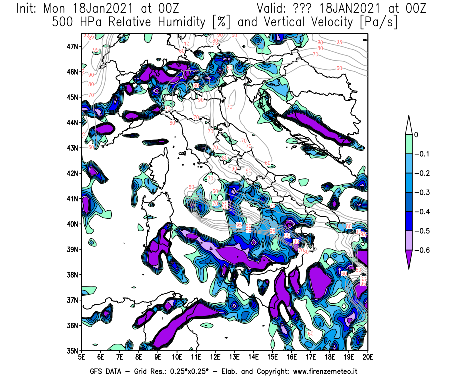 Mappa di analisi GFS - Umidità relativa [%] e Omega [Pa/s] a 500 hPa in Italia
									del 18/01/2021 00 <!--googleoff: index-->UTC<!--googleon: index-->