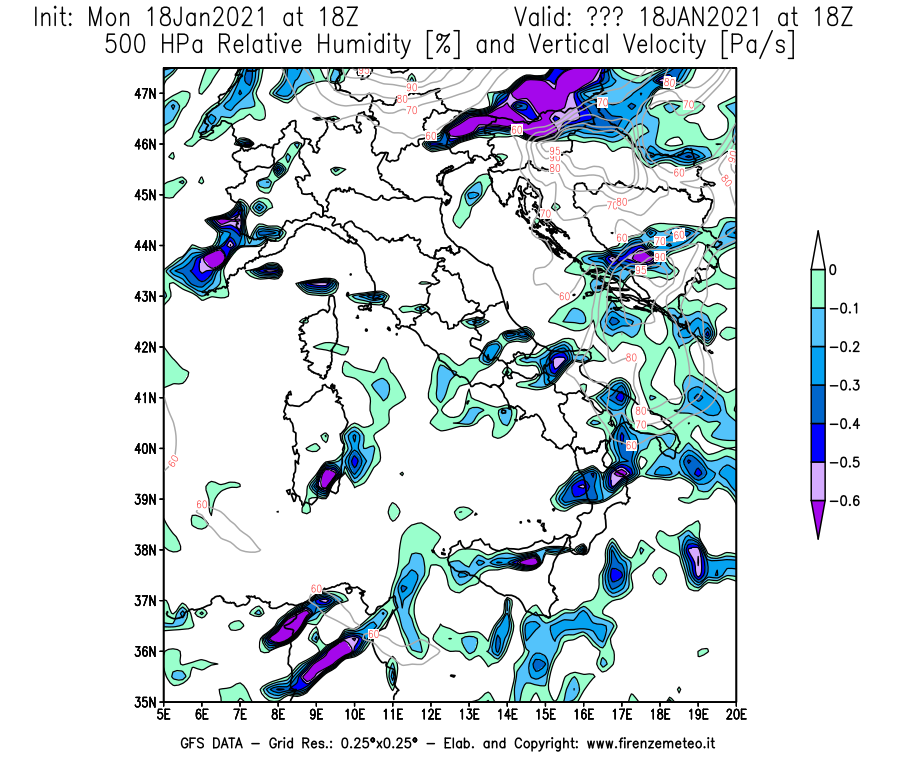 Mappa di analisi GFS - Umidità relativa [%] e Omega [Pa/s] a 500 hPa in Italia
									del 18/01/2021 18 <!--googleoff: index-->UTC<!--googleon: index-->