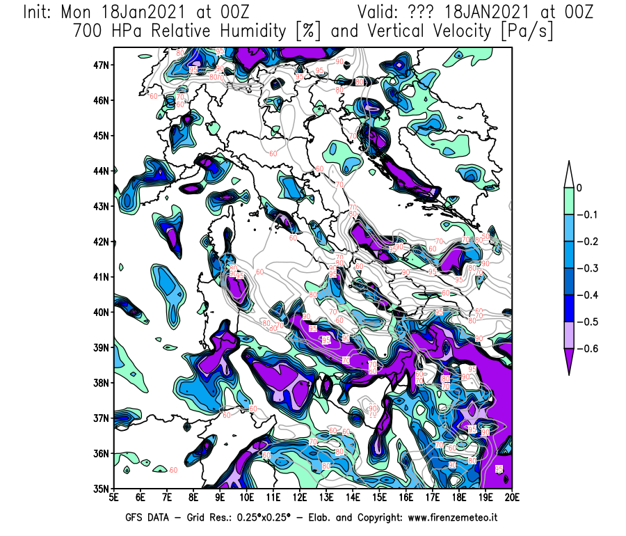 Mappa di analisi GFS - Umidità relativa [%] e Omega [Pa/s] a 700 hPa in Italia
									del 18/01/2021 00 <!--googleoff: index-->UTC<!--googleon: index-->