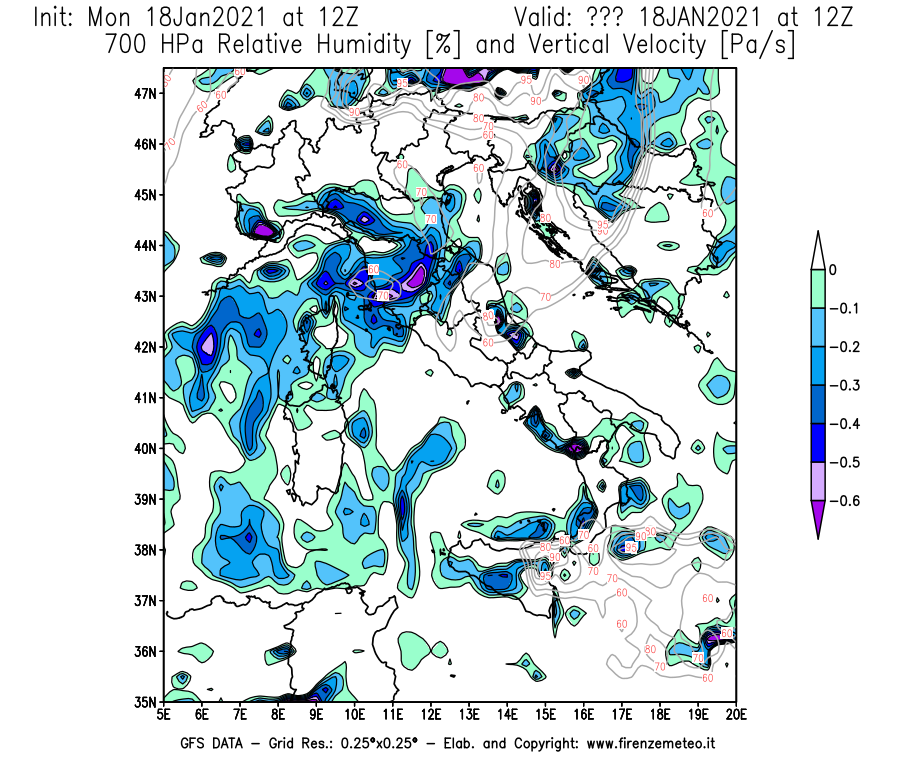 Mappa di analisi GFS - Umidità relativa [%] e Omega [Pa/s] a 700 hPa in Italia
									del 18/01/2021 12 <!--googleoff: index-->UTC<!--googleon: index-->
