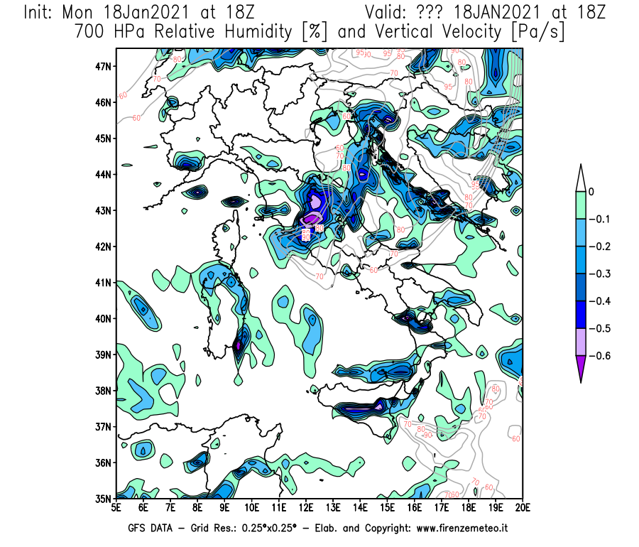 Mappa di analisi GFS - Umidità relativa [%] e Omega [Pa/s] a 700 hPa in Italia
									del 18/01/2021 18 <!--googleoff: index-->UTC<!--googleon: index-->