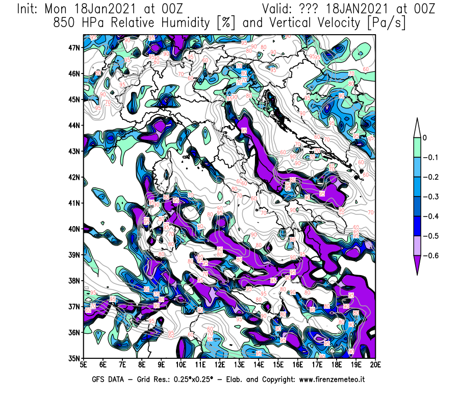 Mappa di analisi GFS - Umidità relativa [%] e Omega [Pa/s] a 850 hPa in Italia
									del 18/01/2021 00 <!--googleoff: index-->UTC<!--googleon: index-->