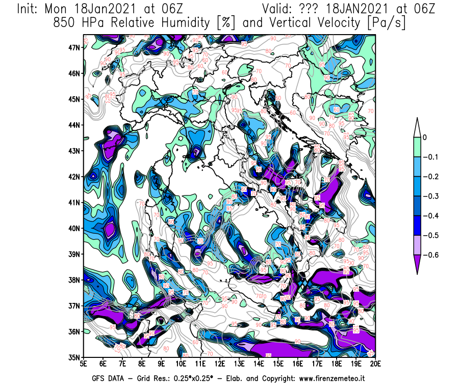 Mappa di analisi GFS - Umidità relativa [%] e Omega [Pa/s] a 850 hPa in Italia
									del 18/01/2021 06 <!--googleoff: index-->UTC<!--googleon: index-->
