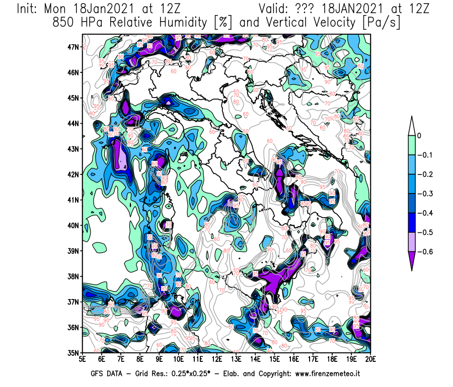 Mappa di analisi GFS - Umidità relativa [%] e Omega [Pa/s] a 850 hPa in Italia
									del 18/01/2021 12 <!--googleoff: index-->UTC<!--googleon: index-->
