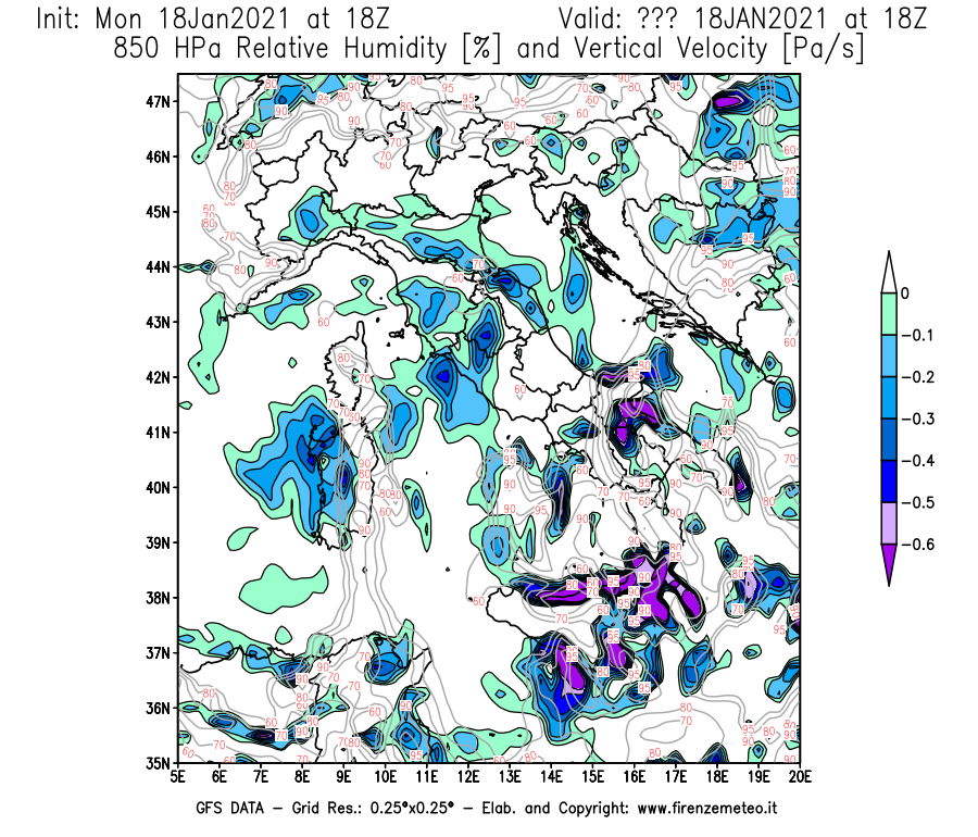 Mappa di analisi GFS - Umidità relativa [%] e Omega [Pa/s] a 850 hPa in Italia
									del 18/01/2021 18 <!--googleoff: index-->UTC<!--googleon: index-->