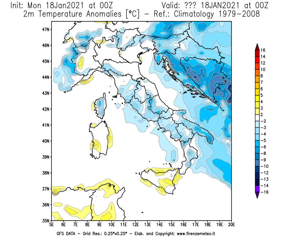 Mappa di analisi GFS - Anomalia Temperatura [°C] a 2 m in Italia
									del 18/01/2021 00 <!--googleoff: index-->UTC<!--googleon: index-->
