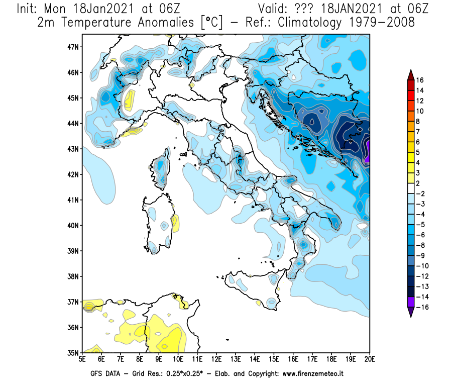 Mappa di analisi GFS - Anomalia Temperatura [°C] a 2 m in Italia
									del 18/01/2021 06 <!--googleoff: index-->UTC<!--googleon: index-->