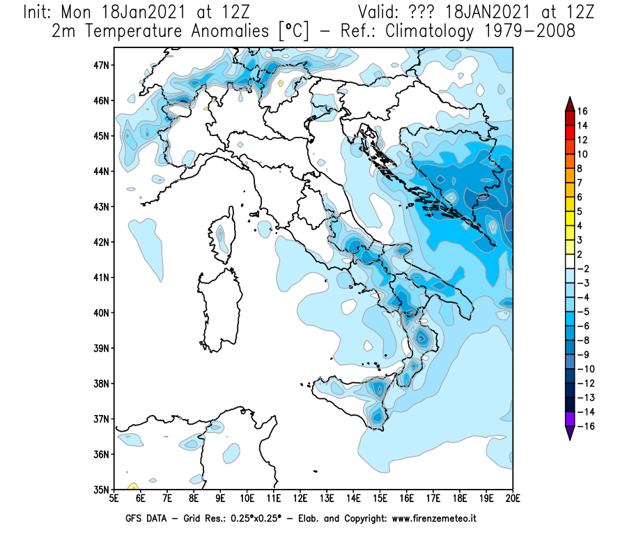 Mappa di analisi GFS - Anomalia Temperatura [°C] a 2 m in Italia
									del 18/01/2021 12 <!--googleoff: index-->UTC<!--googleon: index-->