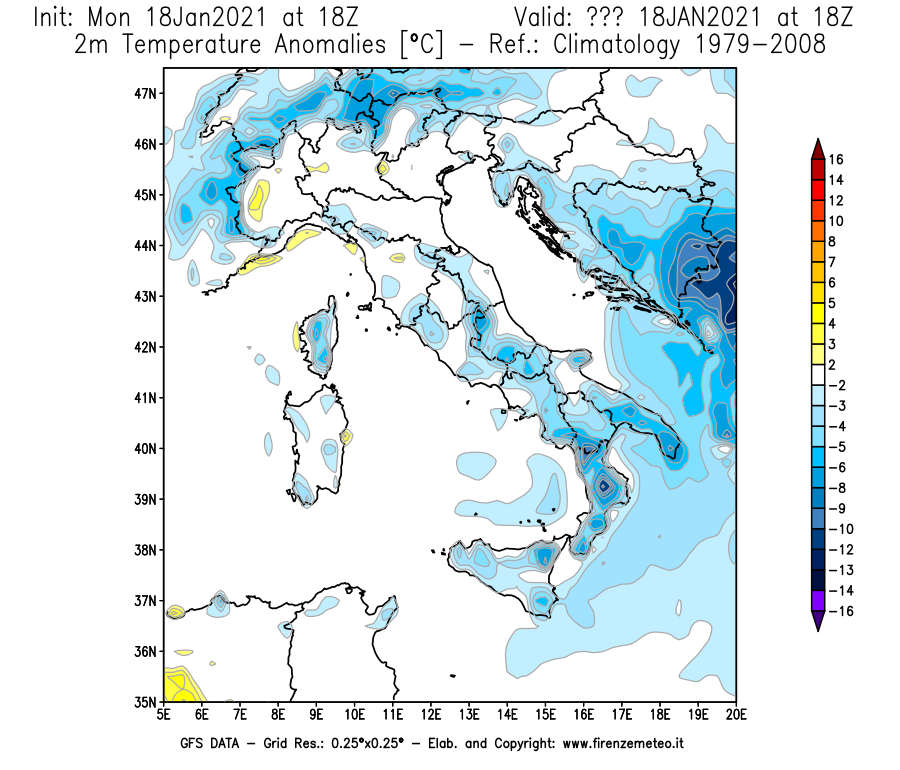 Mappa di analisi GFS - Anomalia Temperatura [°C] a 2 m in Italia
									del 18/01/2021 18 <!--googleoff: index-->UTC<!--googleon: index-->