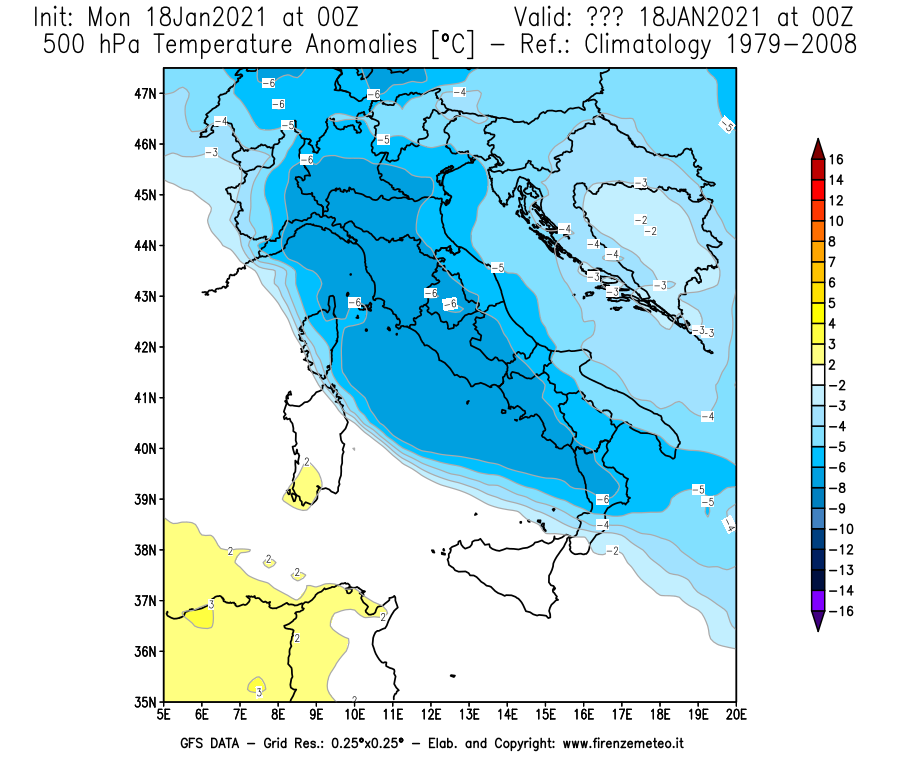 Mappa di analisi GFS - Anomalia Temperatura [°C] a 500 hPa in Italia
									del 18/01/2021 00 <!--googleoff: index-->UTC<!--googleon: index-->