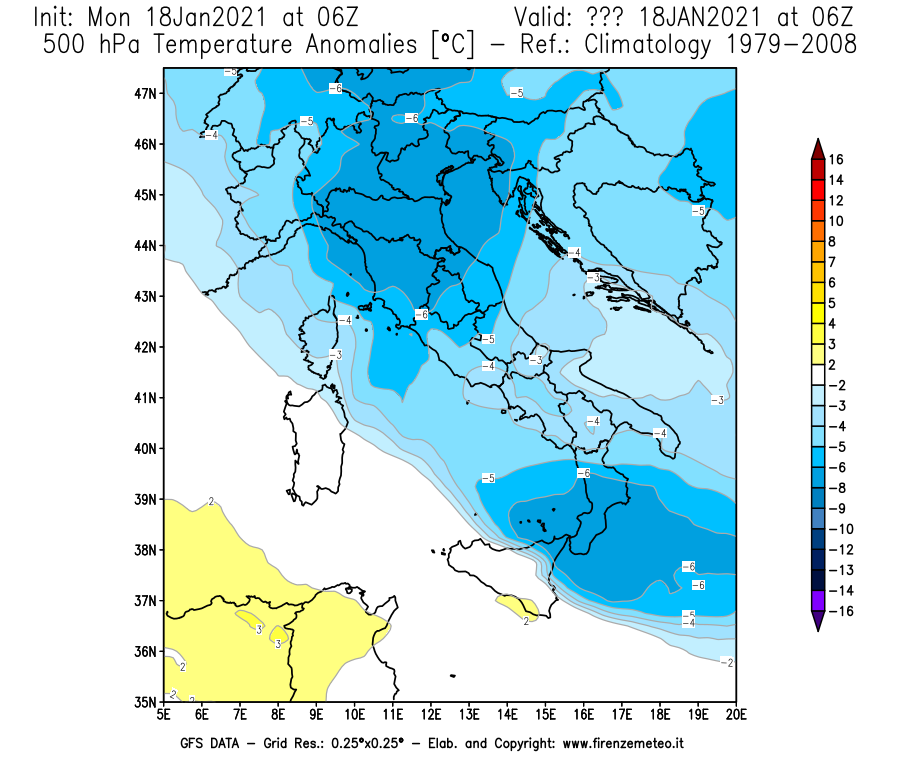 Mappa di analisi GFS - Anomalia Temperatura [°C] a 500 hPa in Italia
									del 18/01/2021 06 <!--googleoff: index-->UTC<!--googleon: index-->