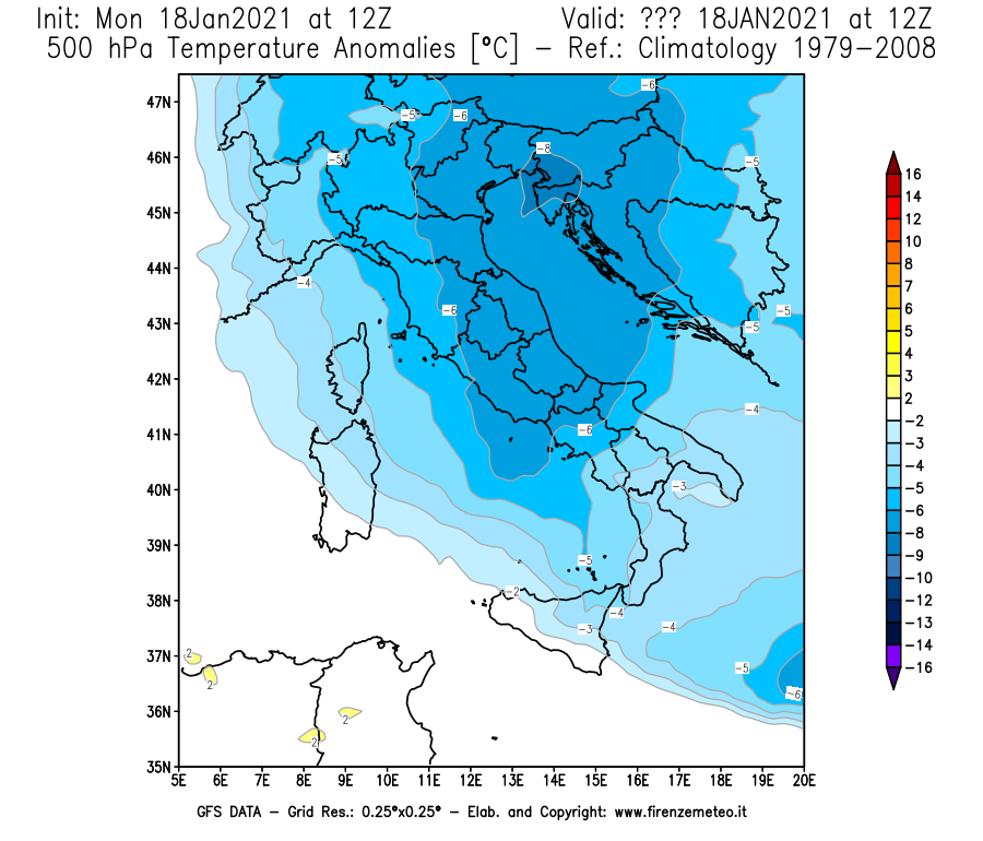 Mappa di analisi GFS - Anomalia Temperatura [°C] a 500 hPa in Italia
									del 18/01/2021 12 <!--googleoff: index-->UTC<!--googleon: index-->