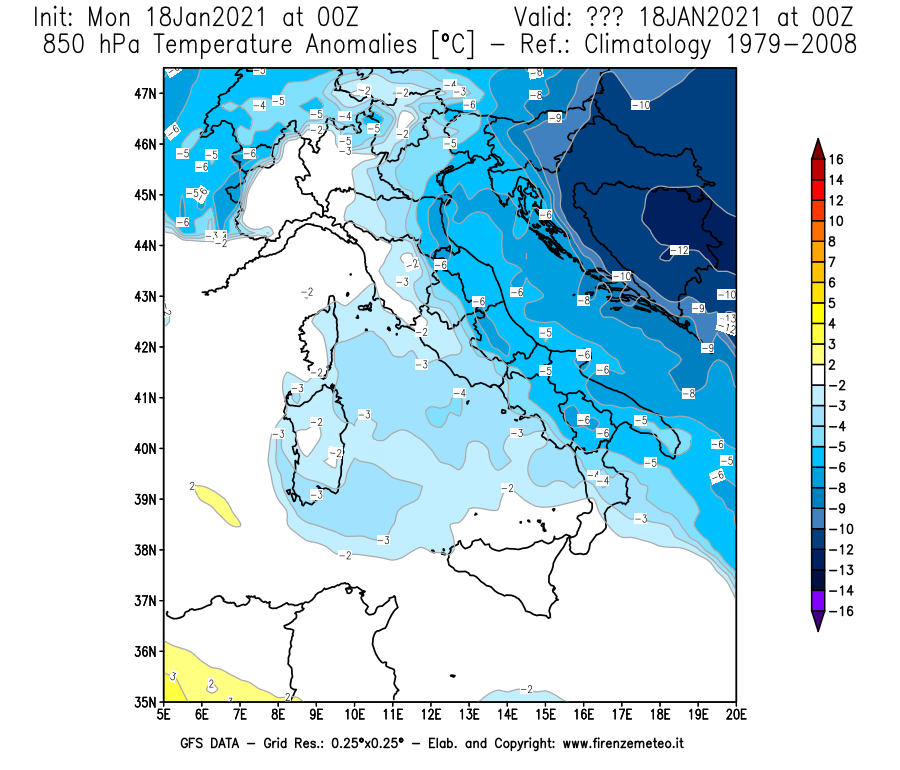 Mappa di analisi GFS - Anomalia Temperatura [°C] a 850 hPa in Italia
									del 18/01/2021 00 <!--googleoff: index-->UTC<!--googleon: index-->