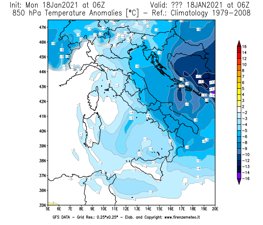 Mappa di analisi GFS - Anomalia Temperatura [°C] a 850 hPa in Italia
									del 18/01/2021 06 <!--googleoff: index-->UTC<!--googleon: index-->