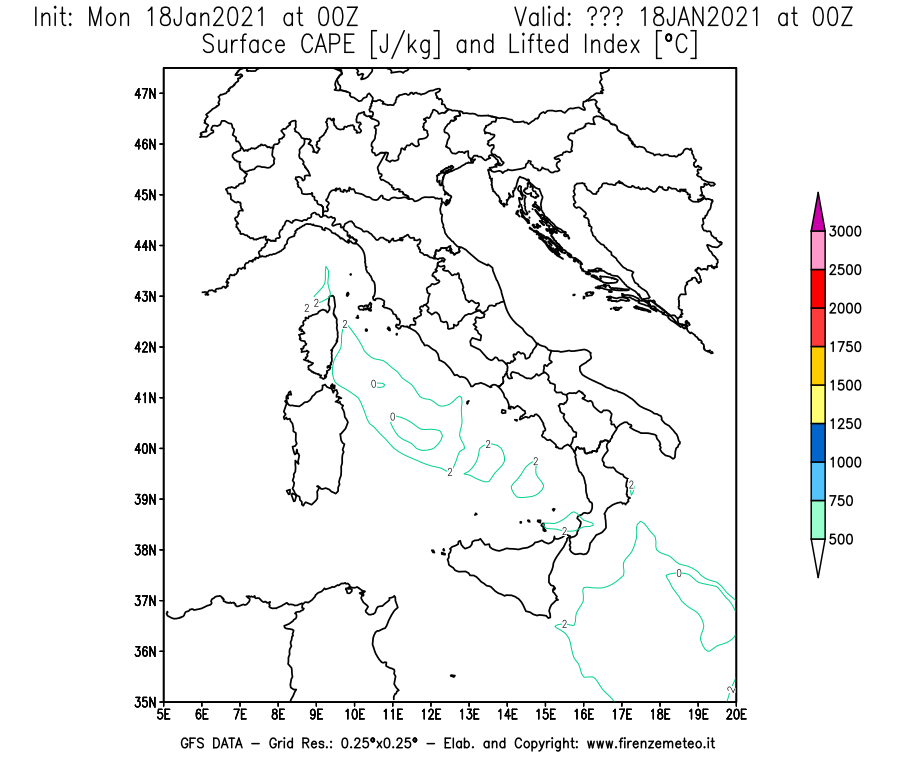 Mappa di analisi GFS - CAPE [J/kg] e Lifted Index [°C] in Italia
									del 18/01/2021 00 <!--googleoff: index-->UTC<!--googleon: index-->