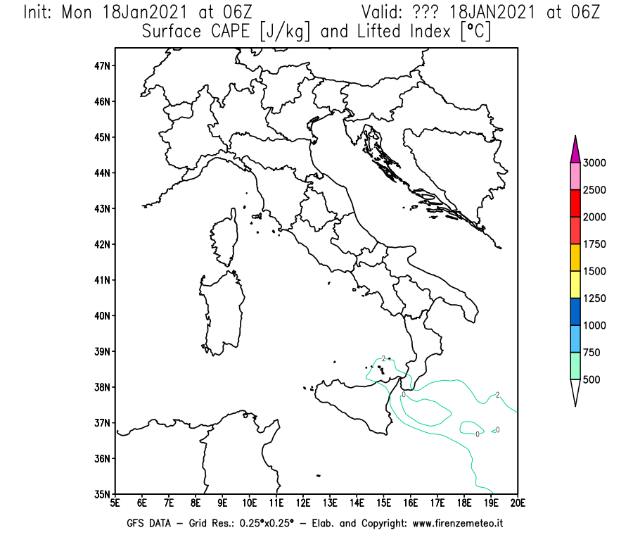 Mappa di analisi GFS - CAPE [J/kg] e Lifted Index [°C] in Italia
									del 18/01/2021 06 <!--googleoff: index-->UTC<!--googleon: index-->