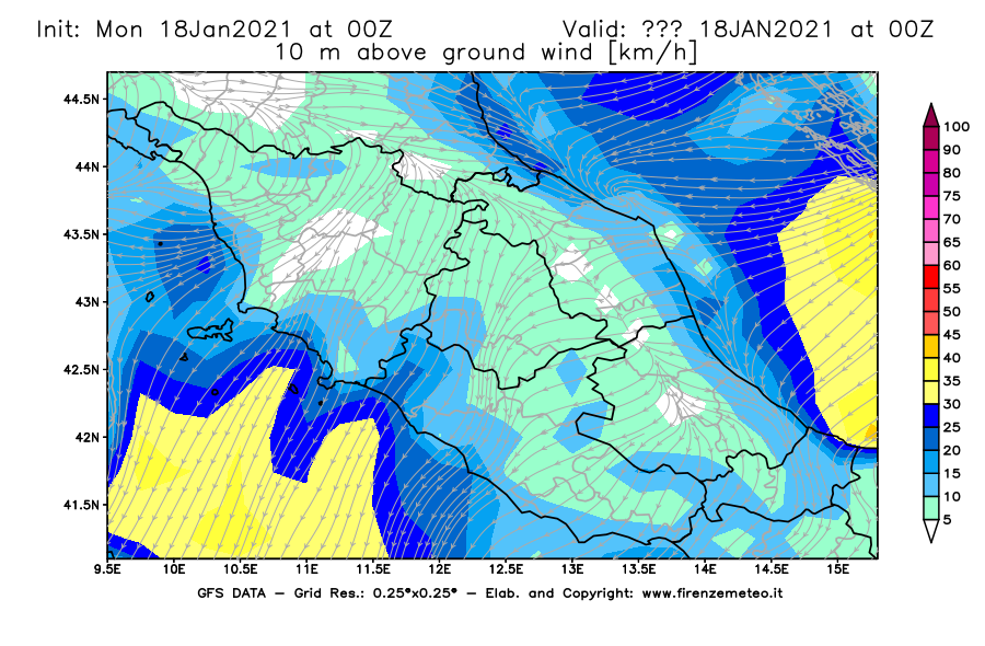 Mappa di analisi GFS - Velocità del vento a 10 metri dal suolo [km/h] in Centro-Italia
									del 18/01/2021 00 <!--googleoff: index-->UTC<!--googleon: index-->