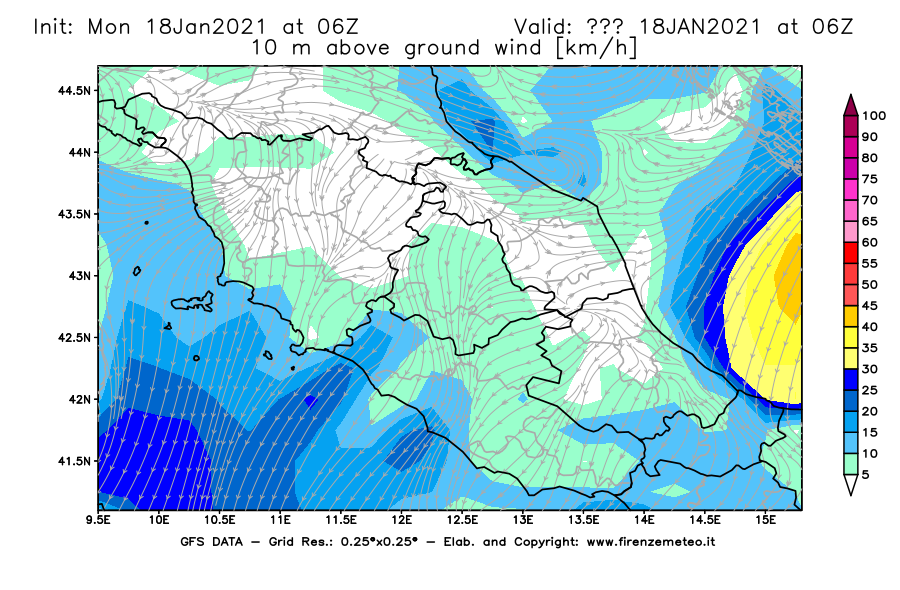 Mappa di analisi GFS - Velocità del vento a 10 metri dal suolo [km/h] in Centro-Italia
									del 18/01/2021 06 <!--googleoff: index-->UTC<!--googleon: index-->