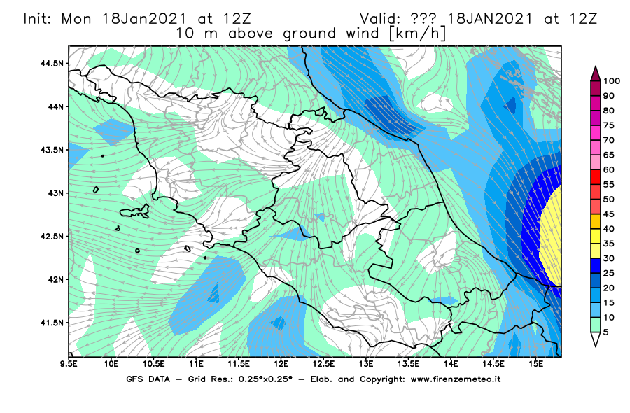 Mappa di analisi GFS - Velocità del vento a 10 metri dal suolo [km/h] in Centro-Italia
									del 18/01/2021 12 <!--googleoff: index-->UTC<!--googleon: index-->