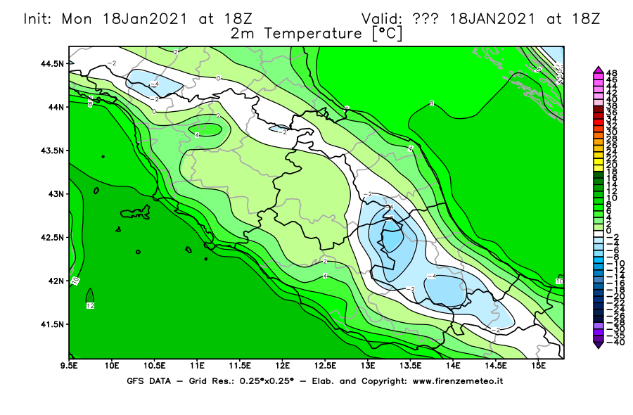 Mappa di analisi GFS - Temperatura a 2 metri dal suolo [°C] in Centro-Italia
									del 18/01/2021 18 <!--googleoff: index-->UTC<!--googleon: index-->