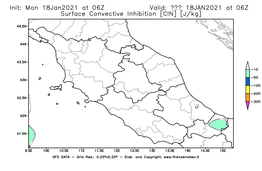 Mappa di analisi GFS - CIN [J/kg] in Centro-Italia
									del 18/01/2021 06 <!--googleoff: index-->UTC<!--googleon: index-->
