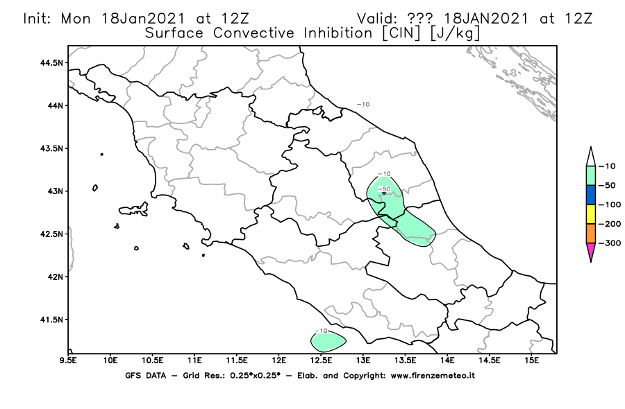 Mappa di analisi GFS - CIN [J/kg] in Centro-Italia
									del 18/01/2021 12 <!--googleoff: index-->UTC<!--googleon: index-->