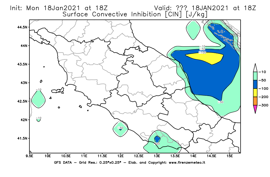 Mappa di analisi GFS - CIN [J/kg] in Centro-Italia
									del 18/01/2021 18 <!--googleoff: index-->UTC<!--googleon: index-->