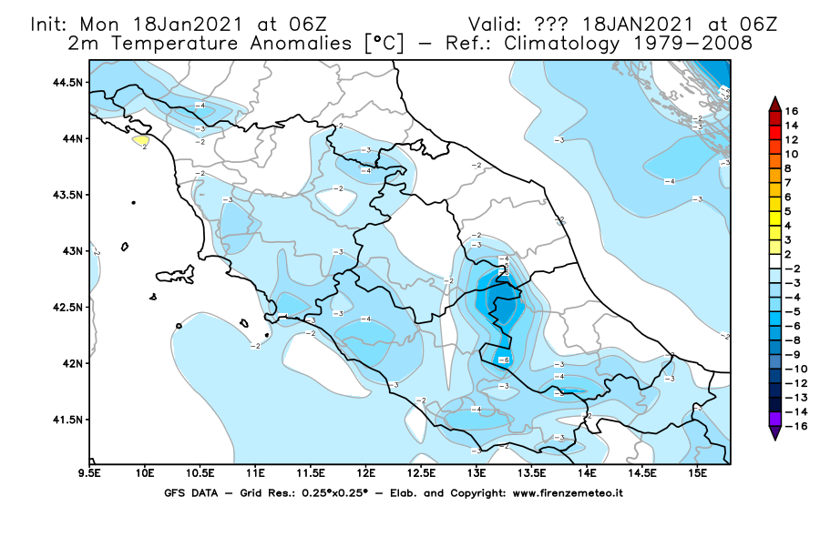 Mappa di analisi GFS - Anomalia Temperatura [°C] a 2 m in Centro-Italia
									del 18/01/2021 06 <!--googleoff: index-->UTC<!--googleon: index-->