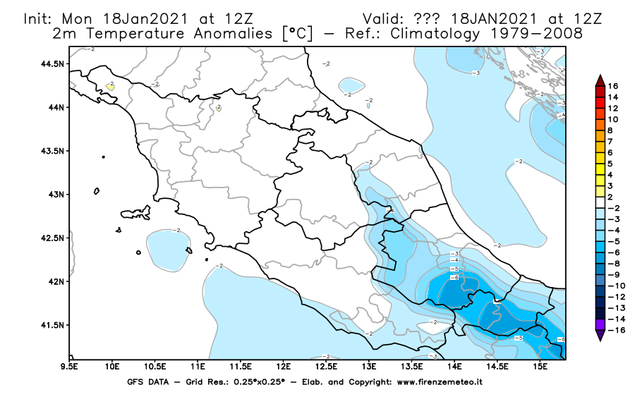 Mappa di analisi GFS - Anomalia Temperatura [°C] a 2 m in Centro-Italia
									del 18/01/2021 12 <!--googleoff: index-->UTC<!--googleon: index-->