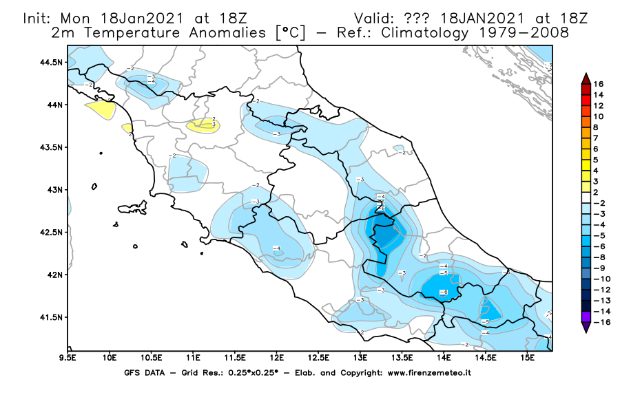 Mappa di analisi GFS - Anomalia Temperatura [°C] a 2 m in Centro-Italia
									del 18/01/2021 18 <!--googleoff: index-->UTC<!--googleon: index-->